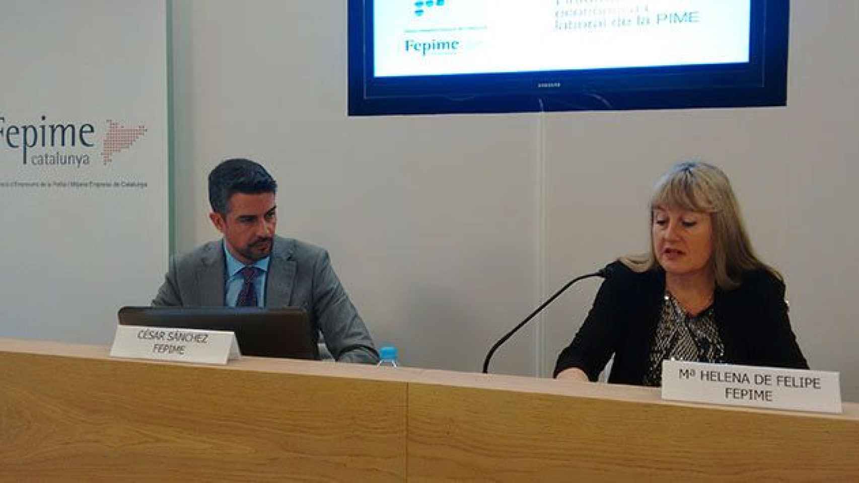 César Sánchez, secretario general de Fepime, y María Helena de Felipe, presidenta de la patronal de pymes, en la presentación de un estudio / CG