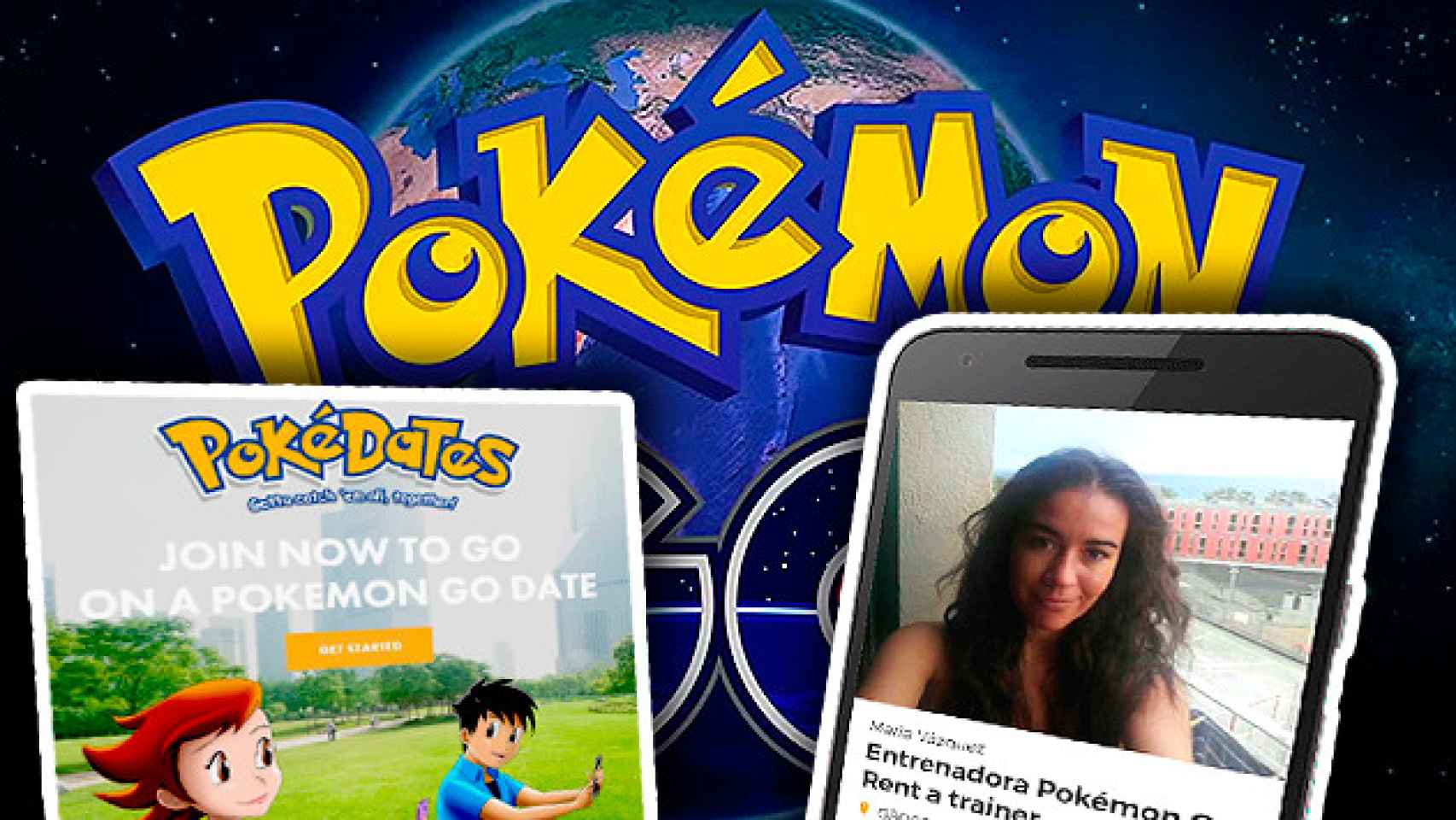 Fotomontaje de la 'app' Pokedate; de la 'app' Pokémon Go y del servicio de