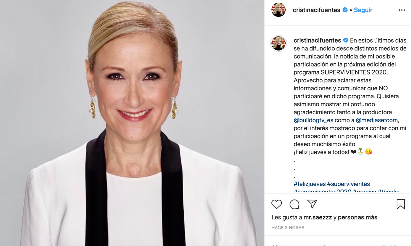 Cristina Cifuentes asegura en sus redes sociales que 'Supervivientes' no está hecho para ella / INSTAGRAM