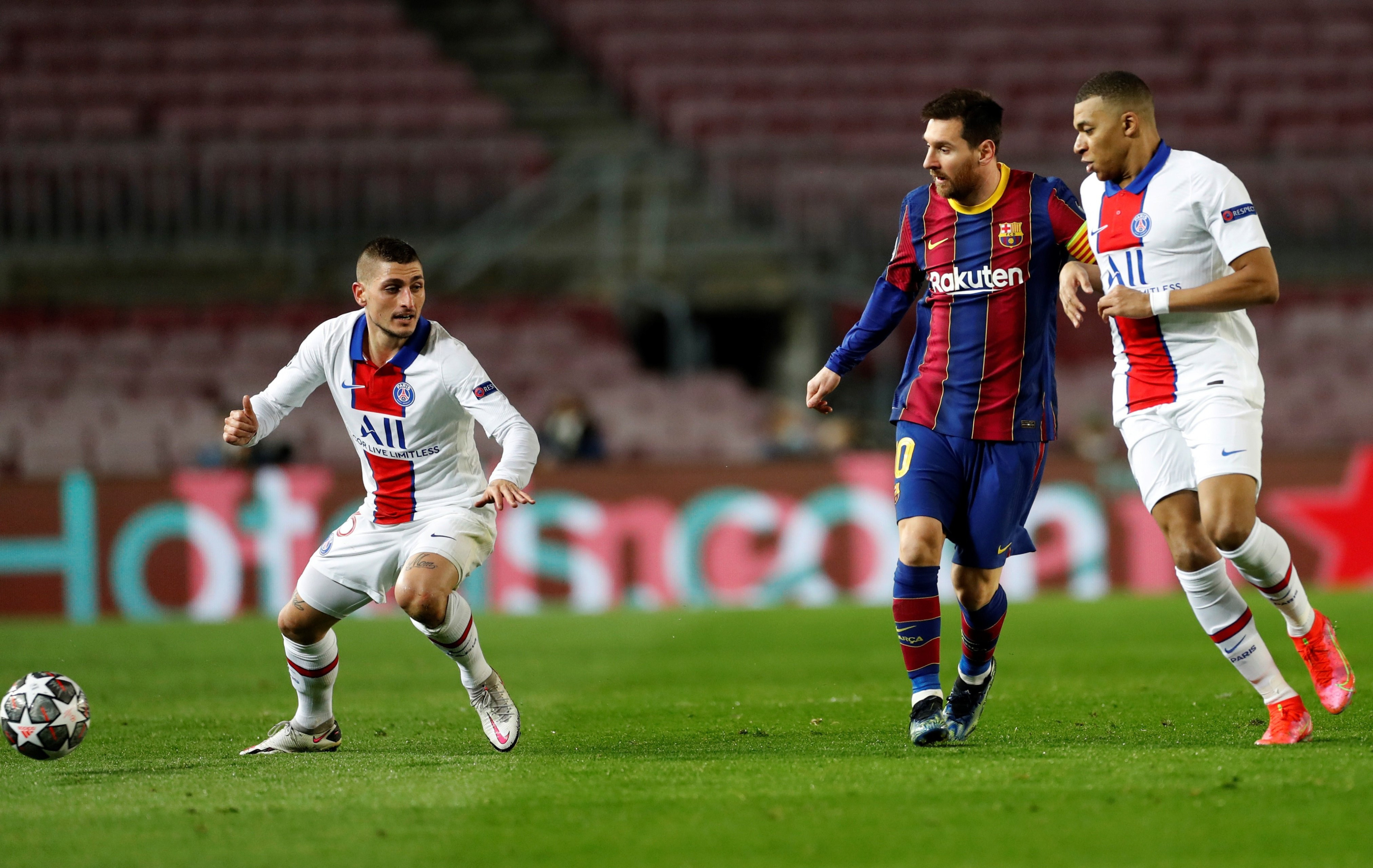 Verratti, Mbappé y Messi en el partido del Barça contra el PSG / EFE