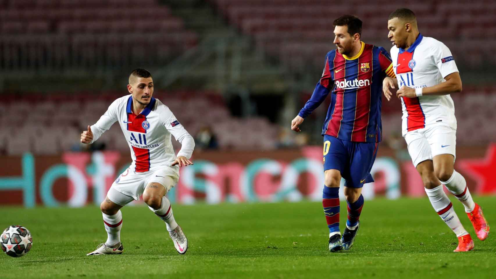 Verratti, Mbappé y Messi en el partido del Barça contra el PSG / EFE