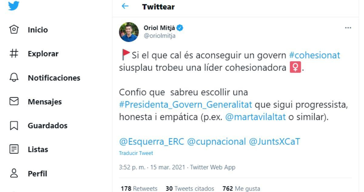 Tuit de Oriol Mitjà en el que reclama la presidencia de la Generalitat para Marta Vilalta / TWITTER
