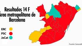 Partidos ganadores en los municipios del área metropolitana de Barcelona en las elecciones autonómicas del 14F de 2021 / Fotomontaje CG