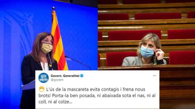 Meritxell Budó, portavoz del Govern junto a Alba Vergés, consejera de Salud y un tweet de la cuenta de la Generalitat. Servicios públicos / FOTOMONTAJE CG