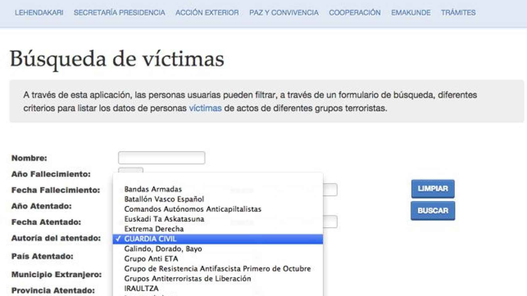 Captura de pantalla del buscador de víctimas del terrorismo del Gobierno autonómico vasco