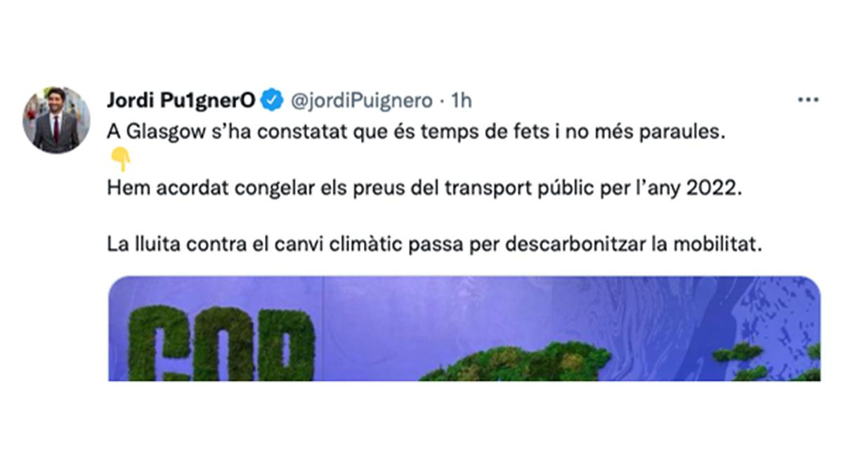 Mensaje del vicepresidente de la Generalitat, Jordi Puigneró, en el que confirmaba la congelación de los precios del trasporte público / @jordiPuignero