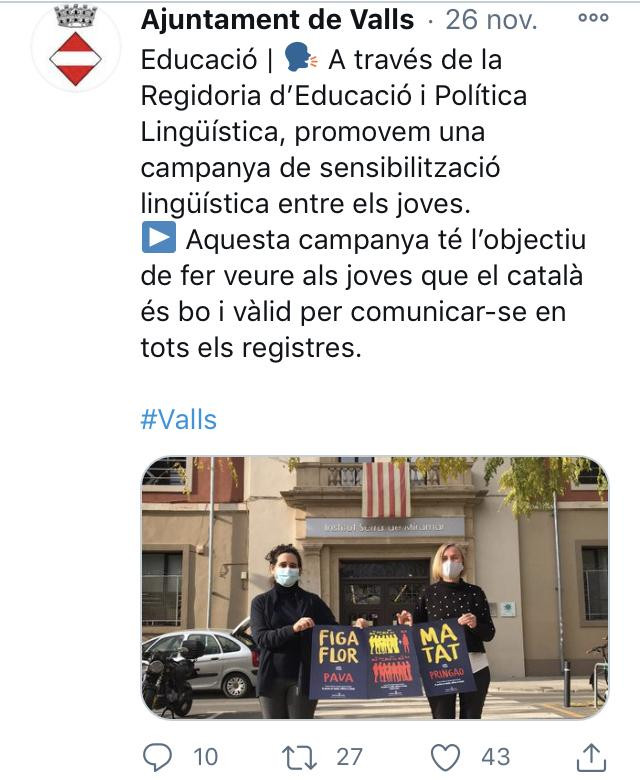 El Ayuntamiento de Valls (Tarragona), animando a sus jóvenes a insultarse en catalán en vez de en castellano @VallsAjuntament (TWITTER)
