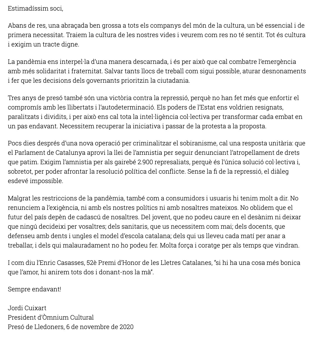 Carta de Jordi Cuixart a los socios de Òmnium Cultural / ÒMNIUM