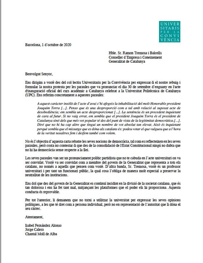 Carta de Universitaris per la Convivència a Ramon Tremosa