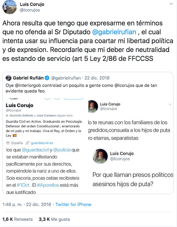 Captura de los tuits del guardia civil y de Gabriel Rufián / @lcorujos