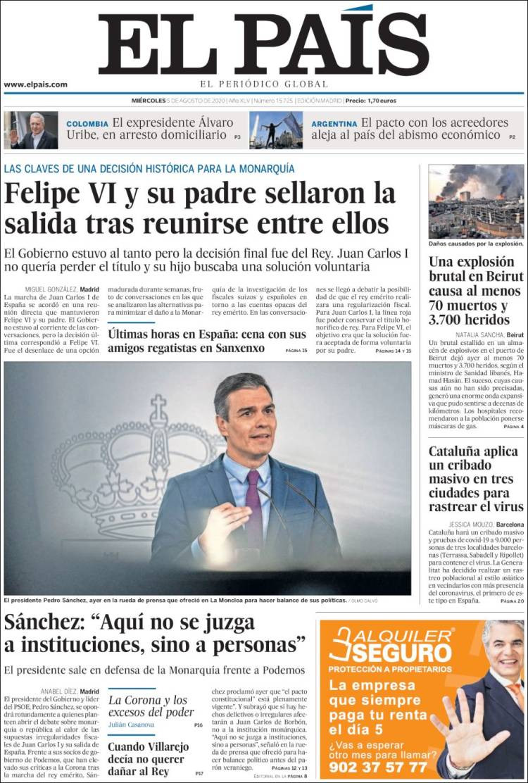 Portada de 'El País' del 5 de agosto de 2020
