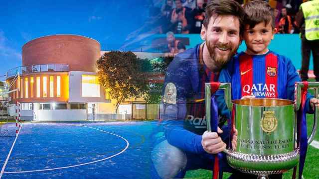 Leo Messi con Thiago Messi y el campo de fútbol del British School of Barcelona (BSB) / CG