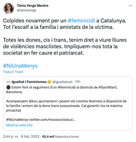 La 'consellera' de Igualdad y Feminismos, Tània Verge, condena el crimen machista en su cuenta de Twitter / TWITTER