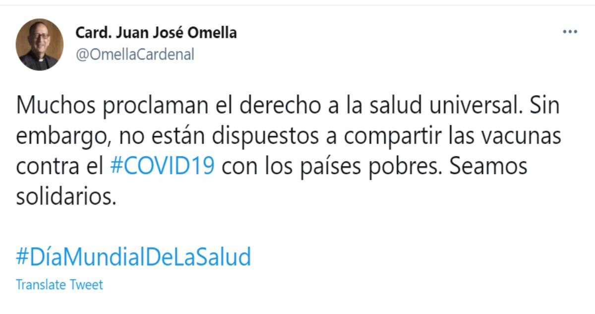 Mensaje del cardenal Juan José Omella en su cuenta personal de Twitter / @OmellaCardenal