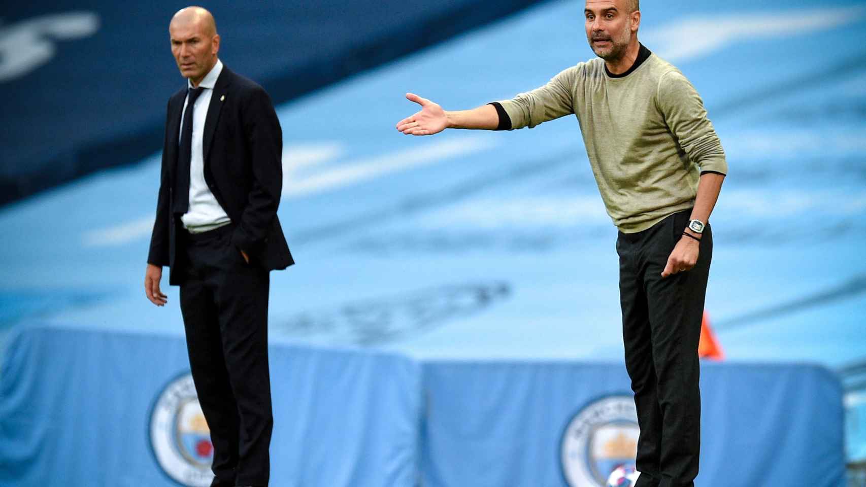 Zidane y Guardiola durante el Manchester City-Real Madrid / EFE