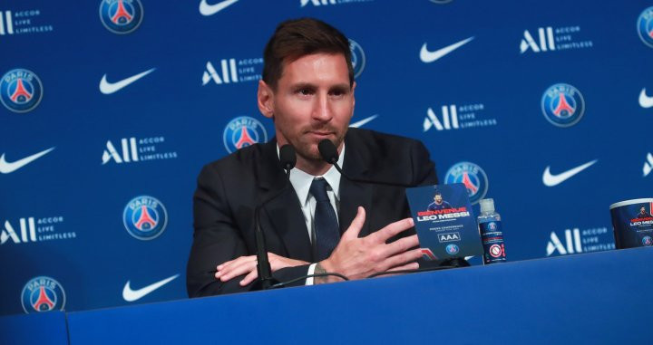 Leo Messi en la rueda de prensa de su presentación como nuevo jugador del PSG / EFE