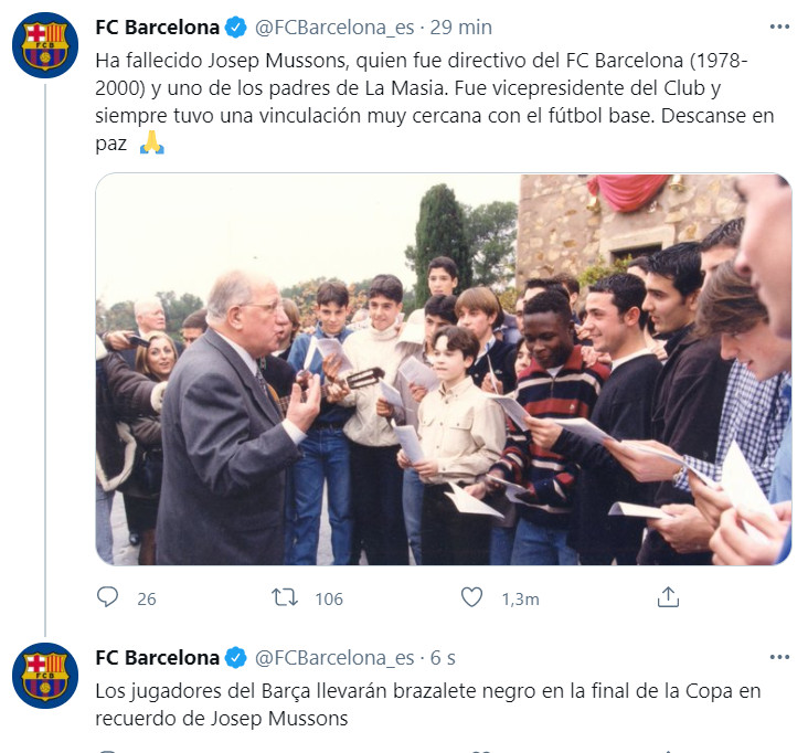 Mensaje del Barça lamentando la muerte de Mussons / FC Barcelona