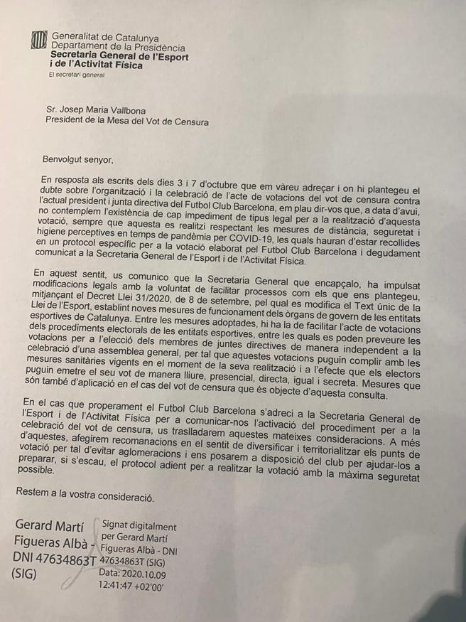Carta de la Secretaria General de l'Esport al Barça / Redes