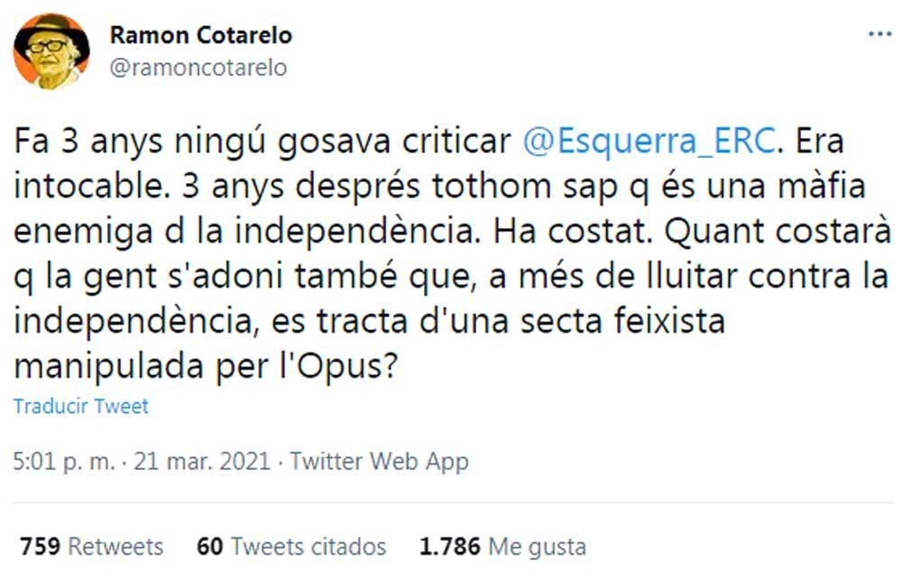 Ramón Cotarelo, llamando secta fascista a ERC en su perfil de Twitter