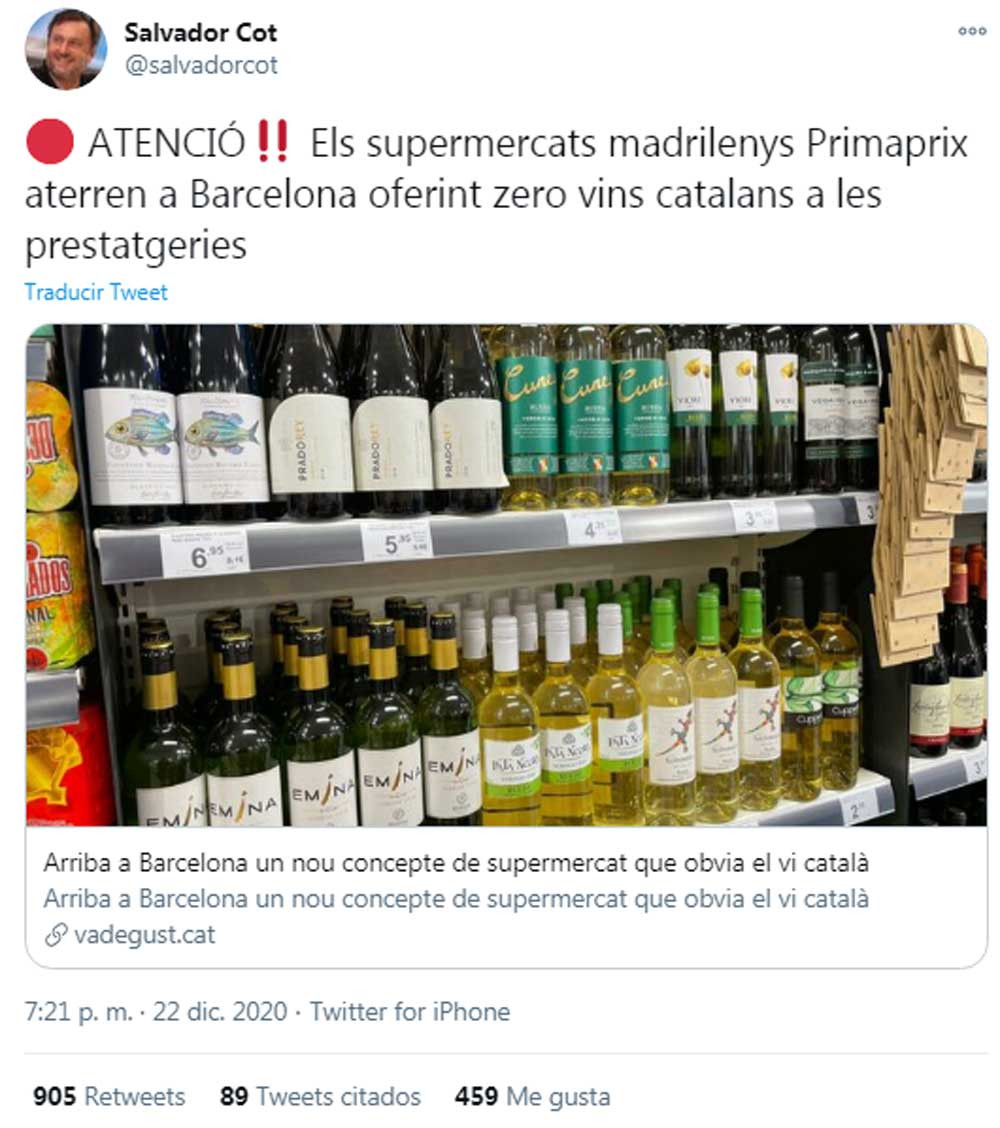 Tuit de Salvador Cot quejándose de que un supermercado no tiene vino catalán / TWITTER