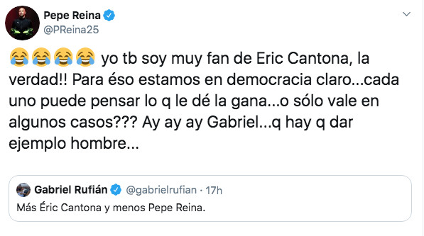 Zasca de Pepe Reina a Gabriel Rufián / TWITTER
