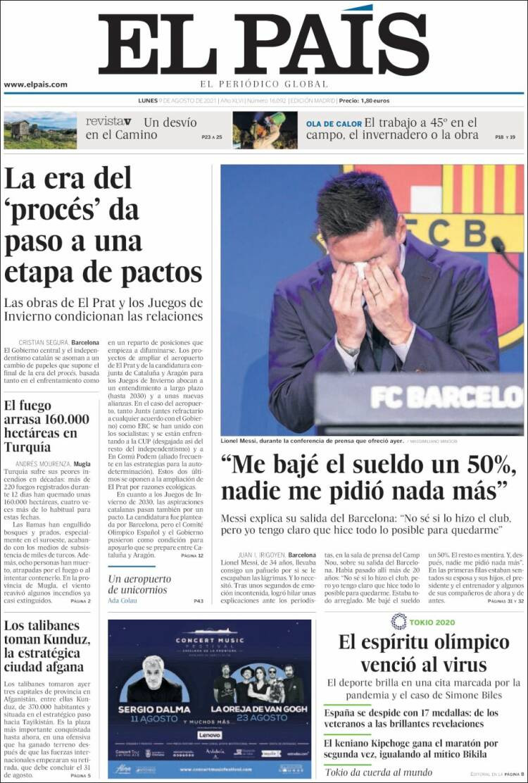 Portada de 'El País' del 9 de agosto de 2021 / KIOSKO.NET