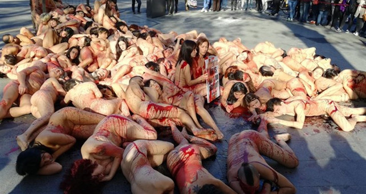 Cien activistas se han desnudado en Barcelona en protesta por el maltrato animal que fomenta la industria peletera / EUROPA PRESS