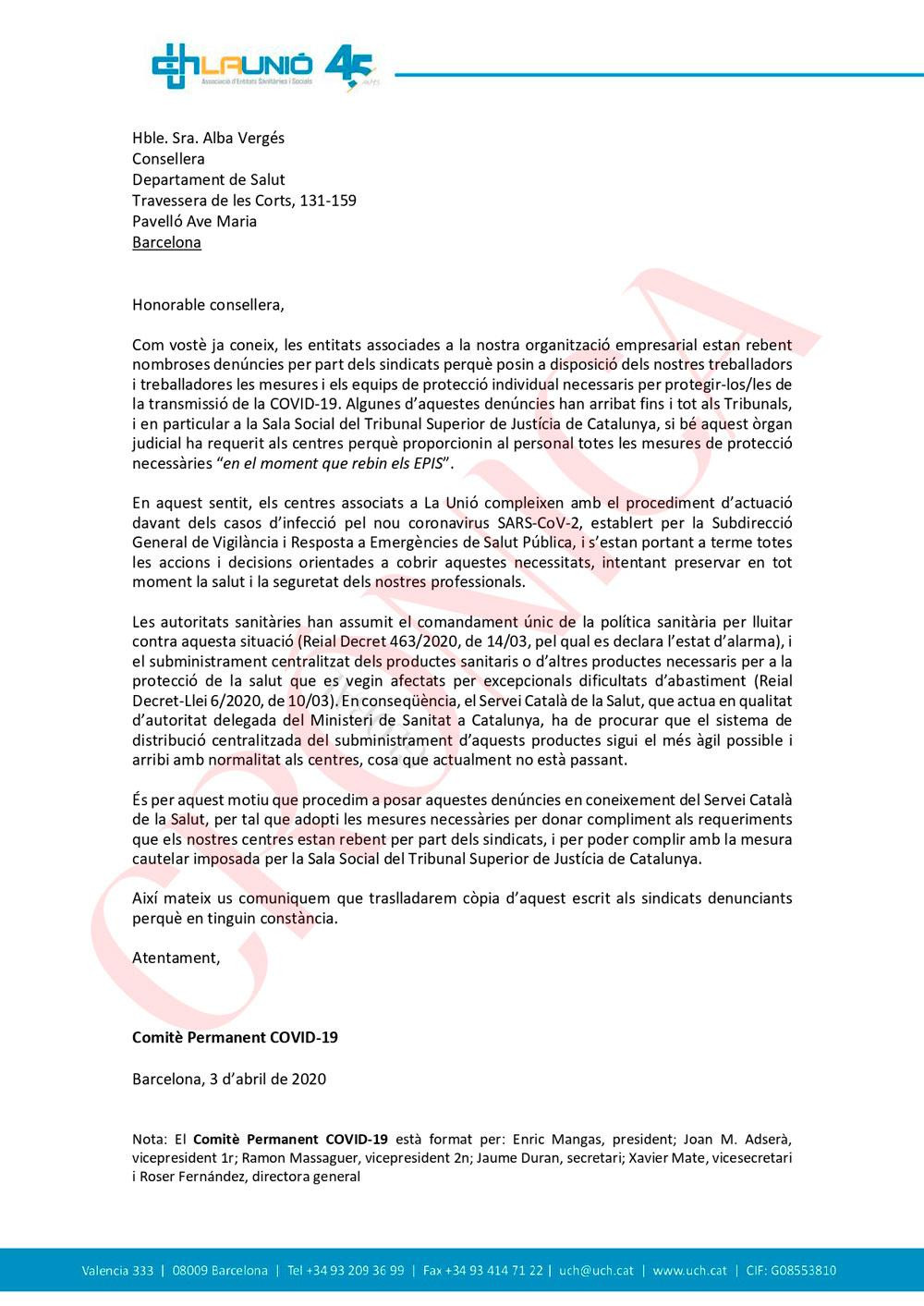 Carta enviada por la Unió Catalana d'Hospitals al Departamento catalán de Salud / CG