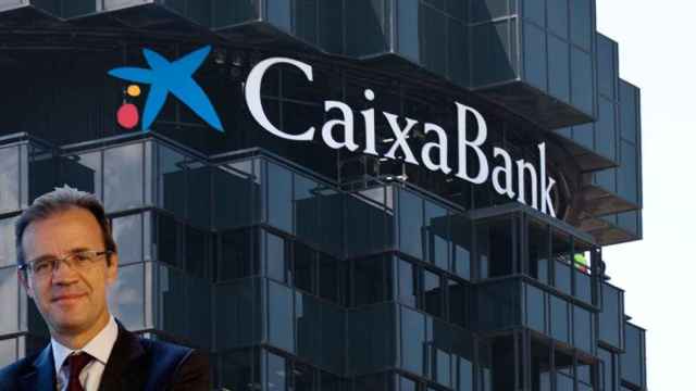 Jordi Gual, presidente de Caixabank, y una de las dos torres de la sede central del banco en Barcelona / FOTOMONTAJE DE CG