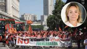 Sol Daurella, presienta de Coca-Cola European Partners, y una manifestación de los trabajadores de Fuenlabrada en verano de 2015