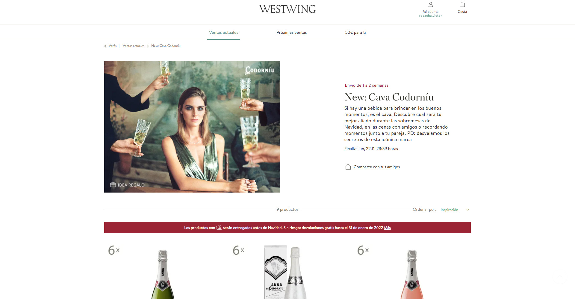 La página de Westwing donde se venden seis lotes de cava Codorníu / WESTWING