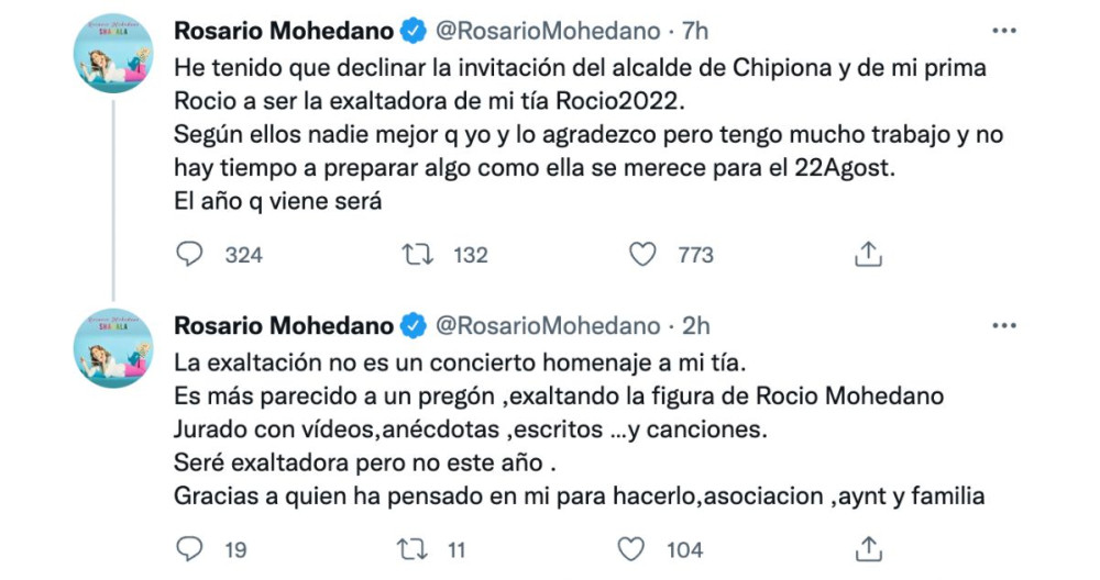 Publicación de Rosario Mohedano en Twitter / @RosarioMohedano