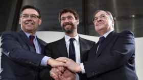 Bartomeu, Angelli (presidente de la Juventus) y Florentino en una reunión de la ECA / Juventus de Turín