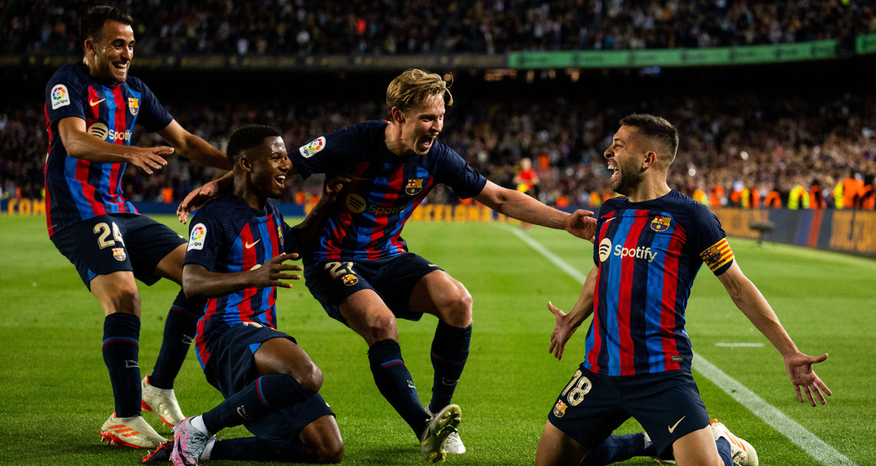 La alegría de los jugadores del Barça tras un gol anotado por Jordi Alba / FCB