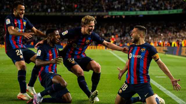 La alegría de los jugadores del Barça tras un gol anotado por Jordi Alba / FCB