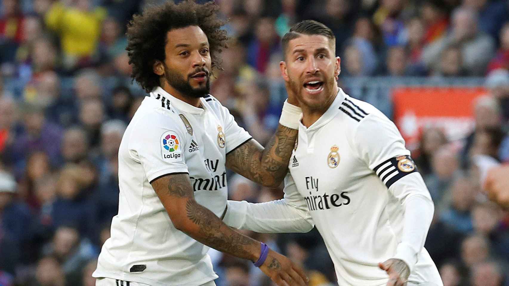 Marcelo celebra con Sergio Ramos su gol al Barça / EFE
