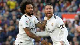 Marcelo celebra con Sergio Ramos su gol al Barça / EFE