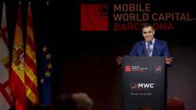 El presidente del Gobierno, Pedro Sánchez, interviene durante la cena inaugural del Mobile World Congress / EFE