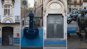 La sede del distrito de Gràcia, una fuente, la iglesia de la plaza de la Virreina y el monumento de la plaza Rovira, pintados de azul / TWITTER