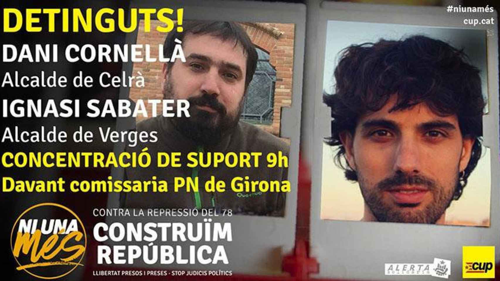 Cartel de la CUP en la que llama a la movilización por los arrestos de los alcaldes de Celrà, Dani Cornellà, y Verges, Ignasi Sabater / CUP