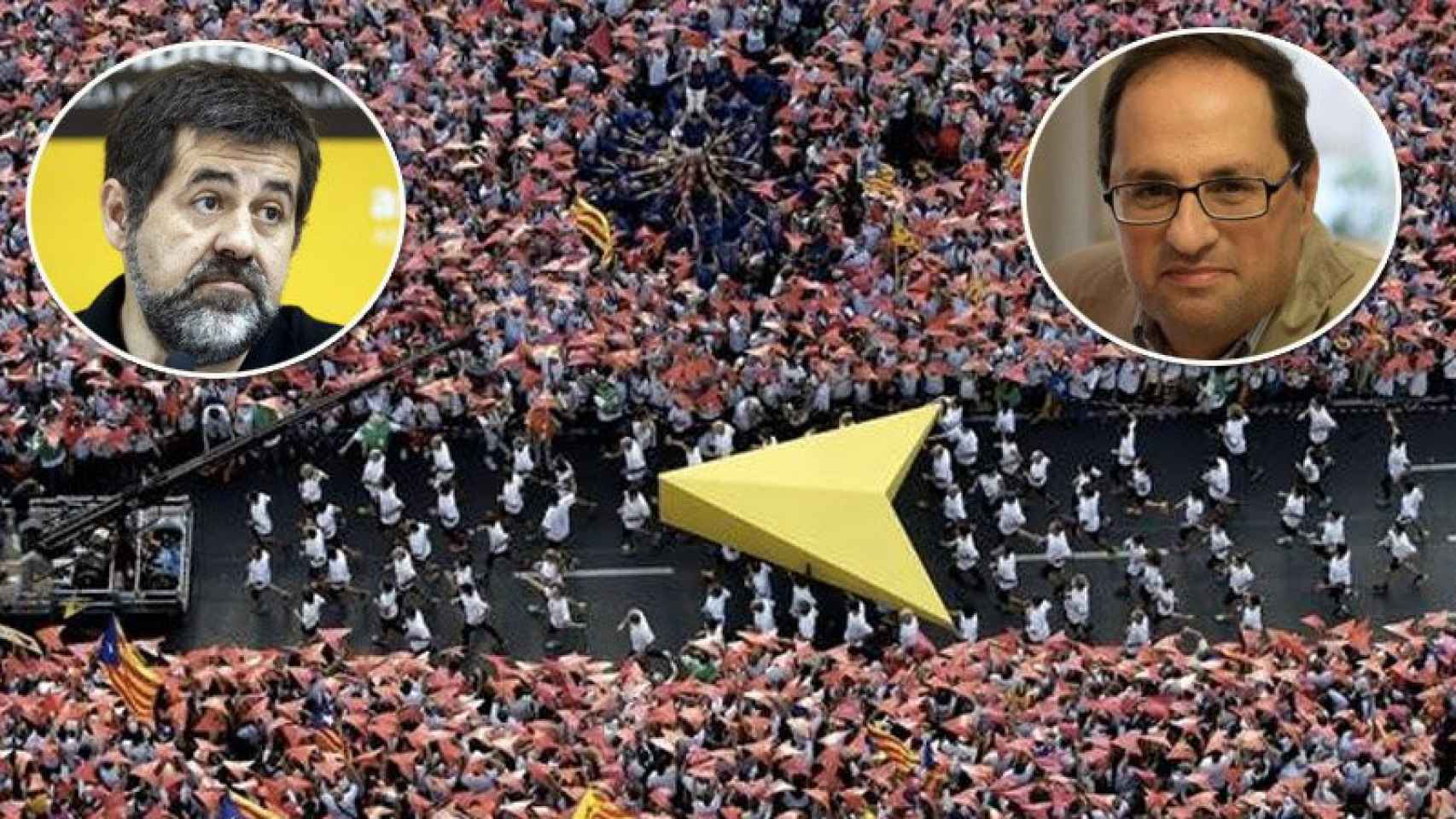 El presidente de la ANC, Jordi Sánchez (izquierda), y el de Òmnium, Quim Torra (derecha), y la manifestación de la Diada