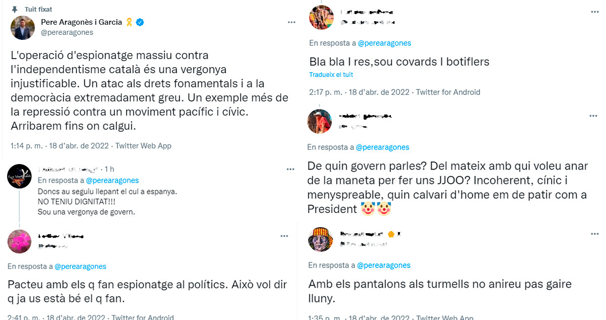 El tuit de Aragonès y algunas respuestas recibidas