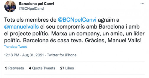 Reacción a la dimisión de Manuel Valls del grupo Barcelona pel Canvi / TWITTER