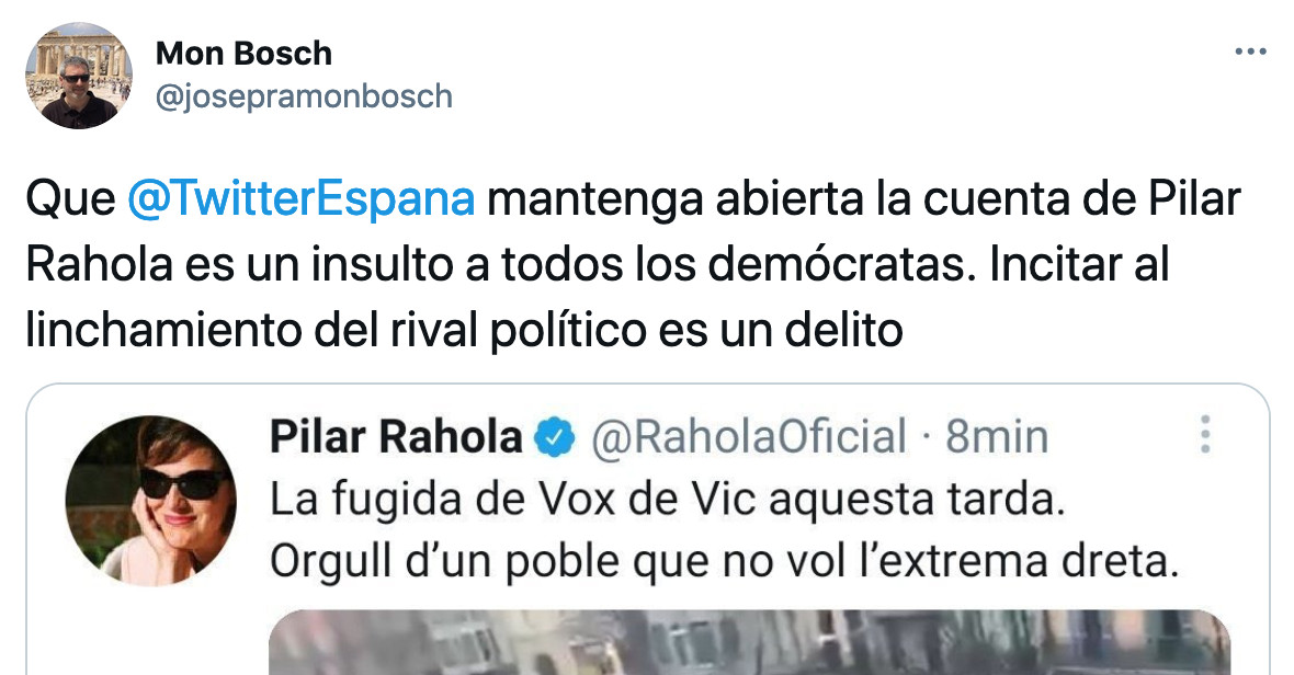 Mon Bosch critica a Rahola por justificar el ataque a Vox en Vic / TWITTER