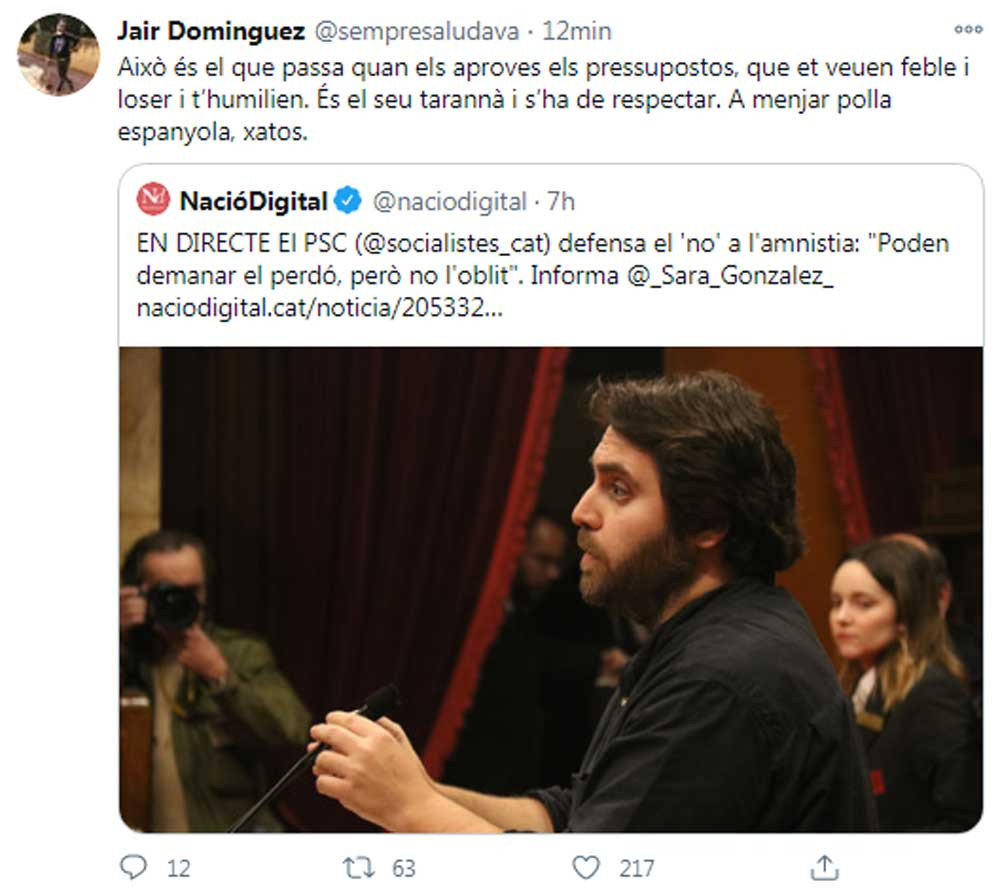 Exabrupto de Jair Domínguez en su perfil de Twitter para criticar a PSC y ERC