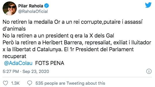 Tuit de Pilar Rahola contra Ada Colau por la retirada de la medalla de oro de Heribert Barrera / TWITTER