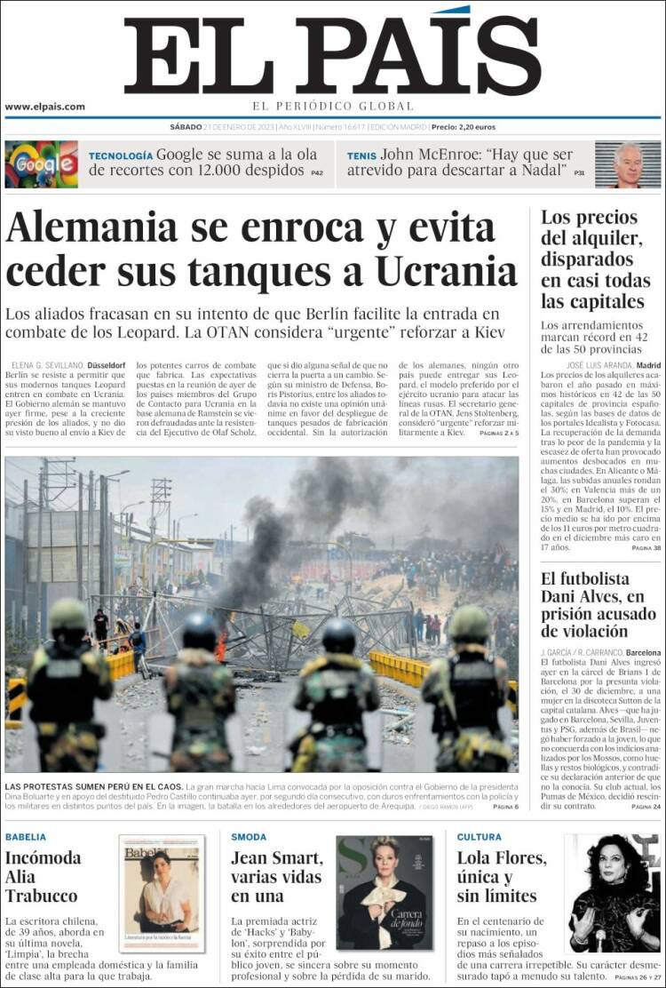 Portada de 'El País' del 21 de enero de 2023