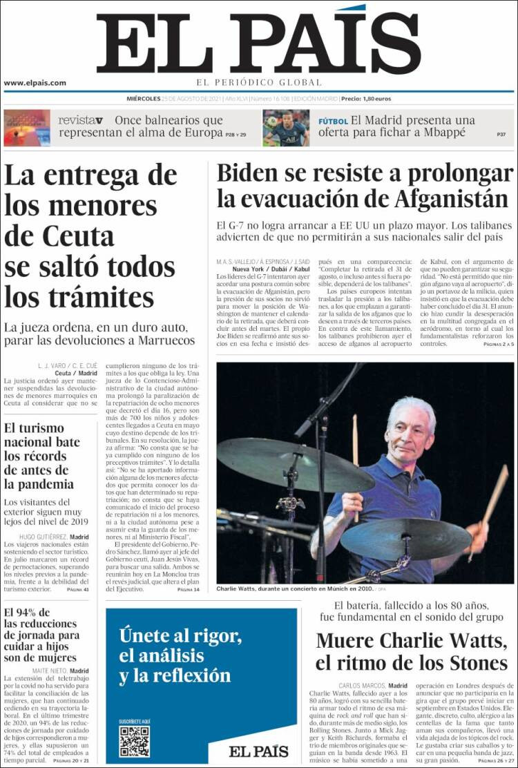 Portada de 'El País' del 25 de agosto de 2021 / KIOSKO.NET