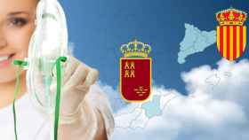 Mascarilla para terapias de oxígeno, el escudo de la Región de Murcia y el no oficial de Cataluña / FOTOMONTAJE CG