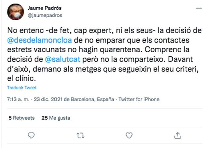 El mensaje de Jaume Padrós contra la estrategia del Gobierno / TWITTER